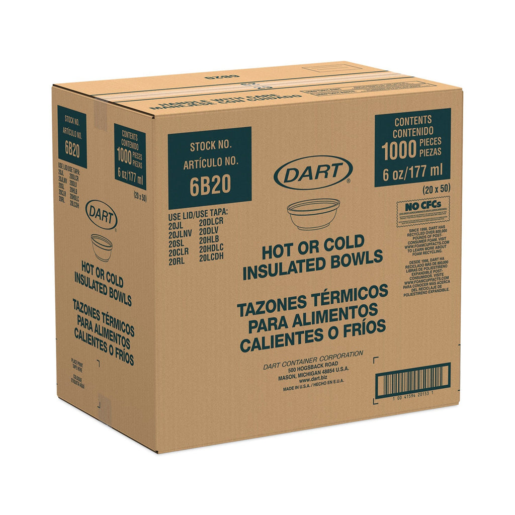 Dart Insulated Foam Bowls, 6 oz, White, 50/Pack, 20 Packs/Carton