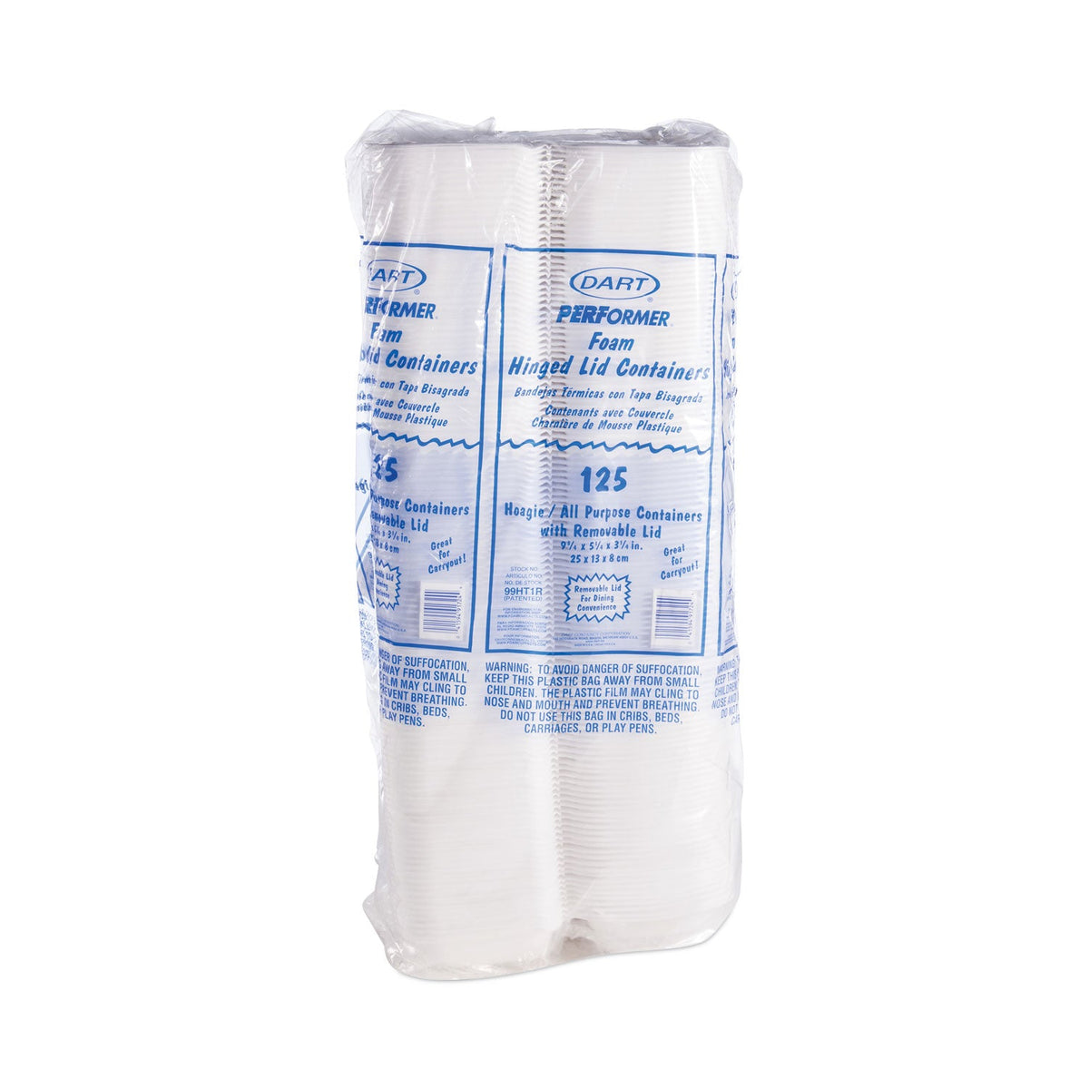 Dart Foam Hinged Lid Container, Hoagie Container with Removable Lid, 5.3 x 9.8 x 3.3, White, 125/Bag, 4 Bags/Carton