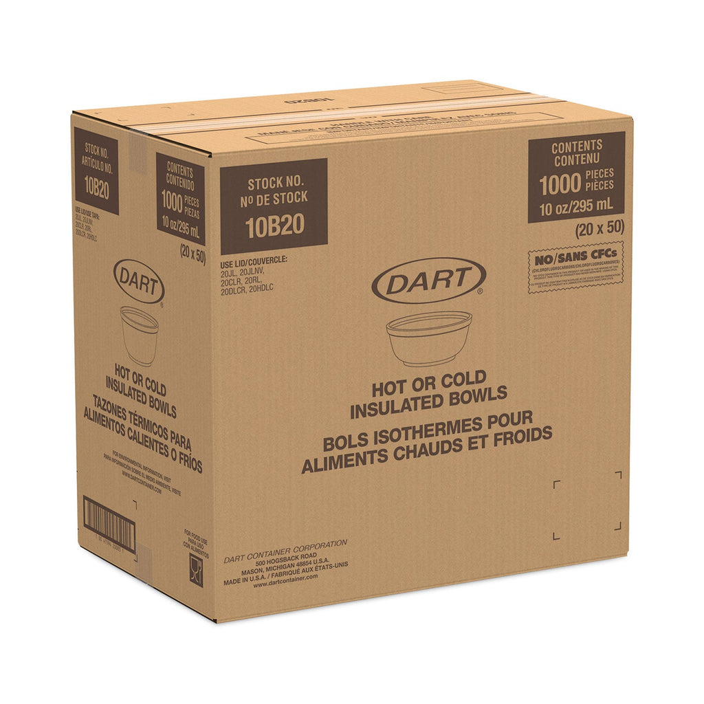 Dart Foam Bowls, 10 oz, White, 50/Pack, 20 Packs/Carton