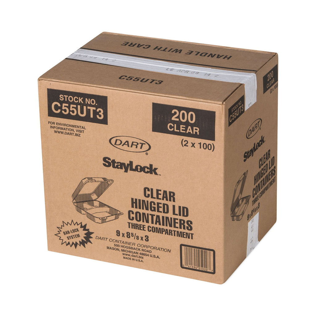 Dart StayLock Clear Hinged Lid Containers, 3-Compartment, 8.6 x 9 x 3, Clear, Plastic, 100/Packs, 2 Packs/Carton