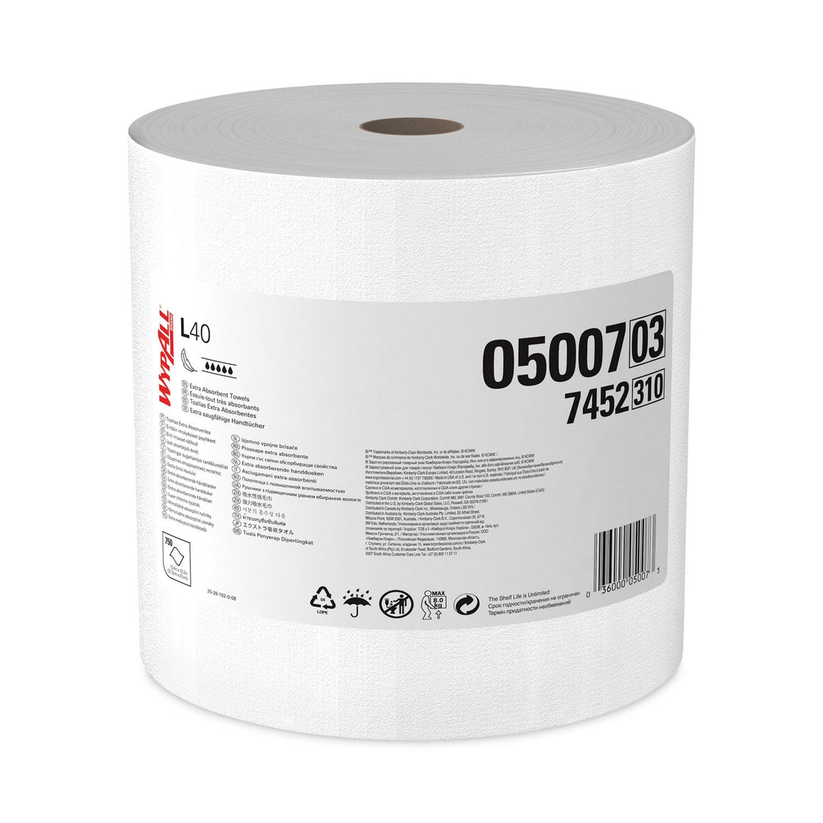 WypAll L40 Towels, Jumbo Roll, 12.5 x 12.2, White, 750/Roll