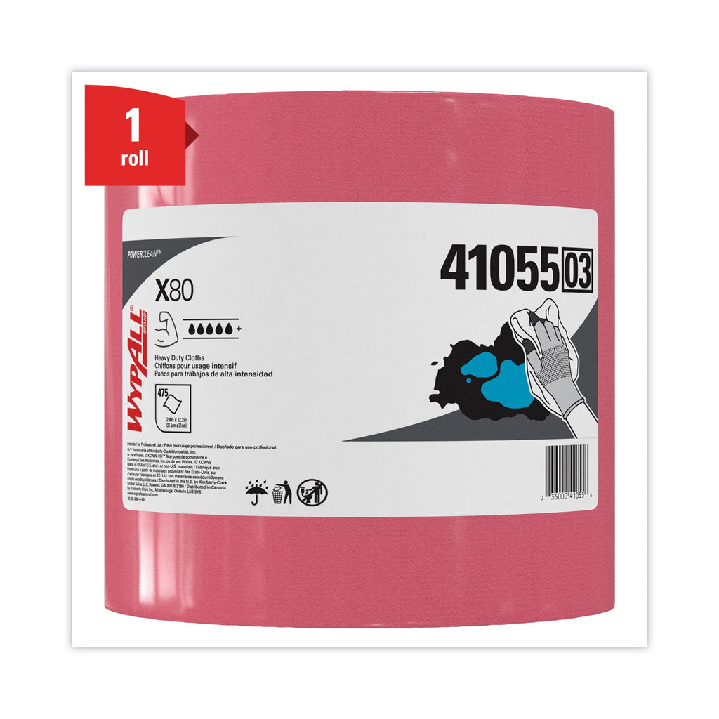 WypAll Power Clean X80 Heavy Duty Cloths, Jumbo Roll, 12.4 x 12.2, Red, 475 Wipers/Roll