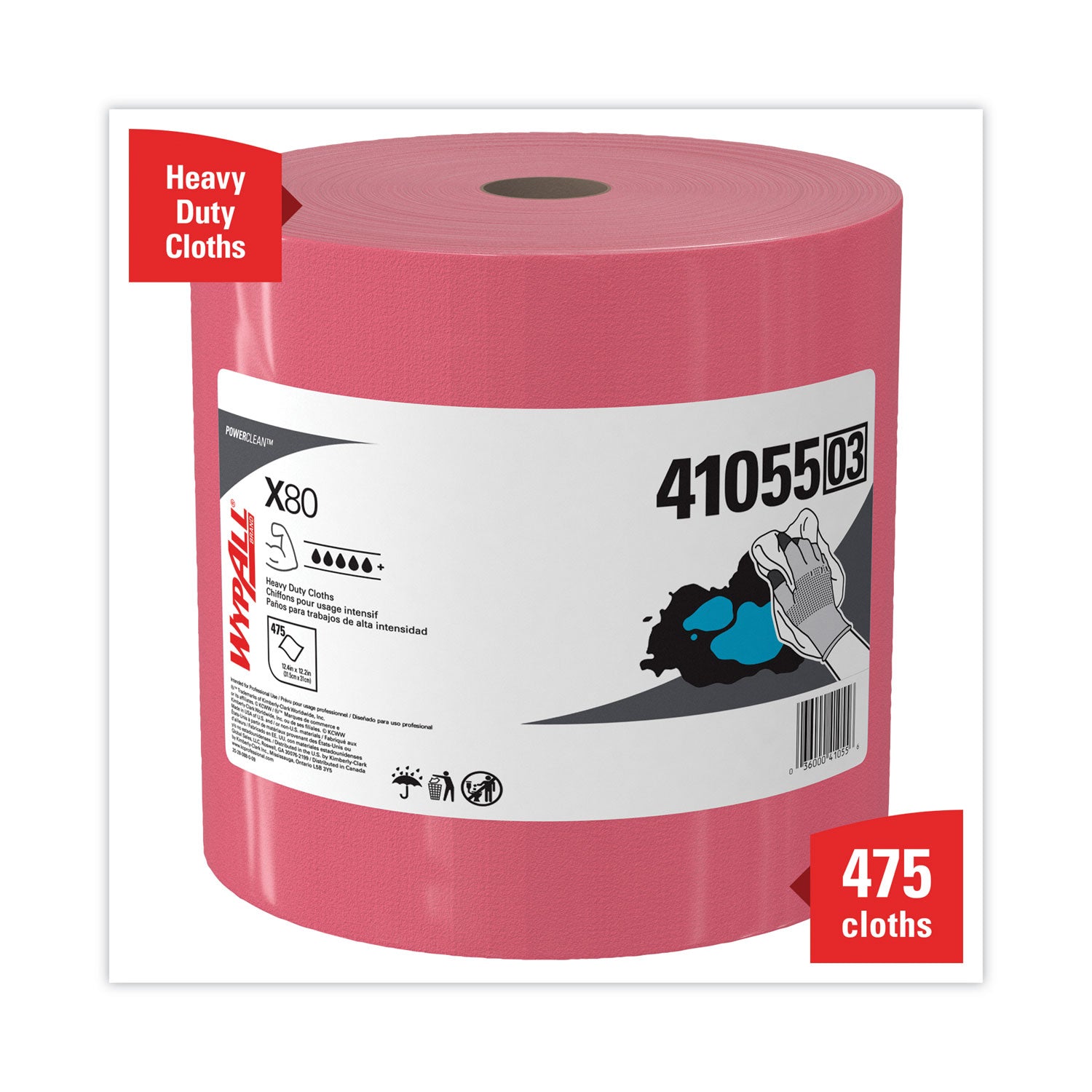 WypAll Power Clean X80 Heavy Duty Cloths, Jumbo Roll, 12.4 x 12.2, Red, 475 Wipers/Roll