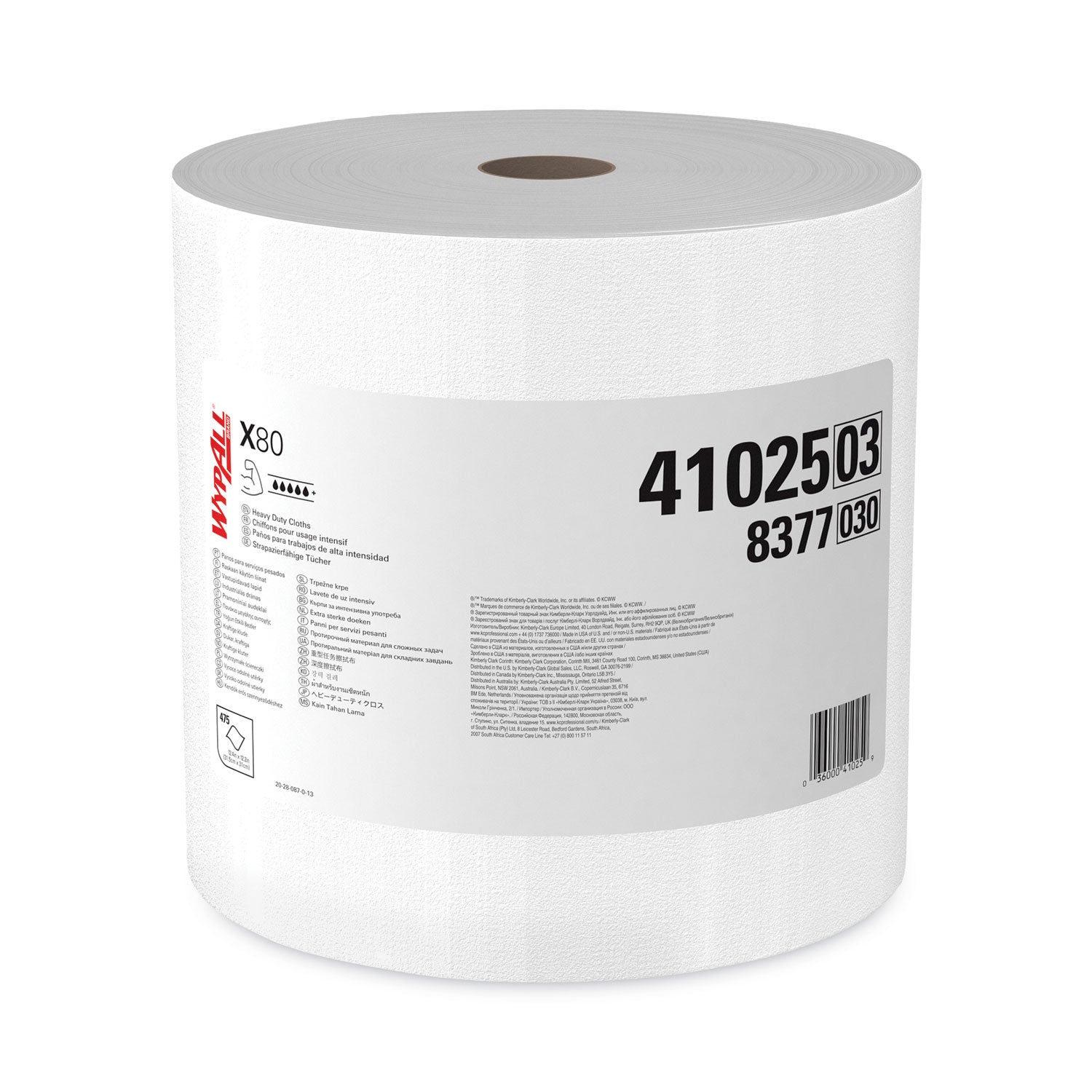 WypAll Power Clean X80 Heavy Duty Cloths, Jumbo Roll, 12.4 x 12.2, White, 475/Roll