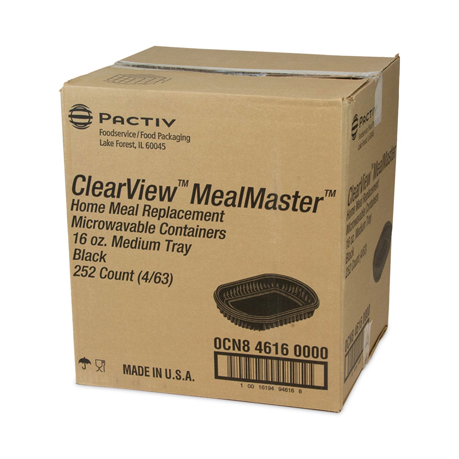 Pactiv Evergreen EarthChoice MealMaster Container, 16 oz, 8.13 x 6.5 x 1, Black, Plastic, 252/Carton