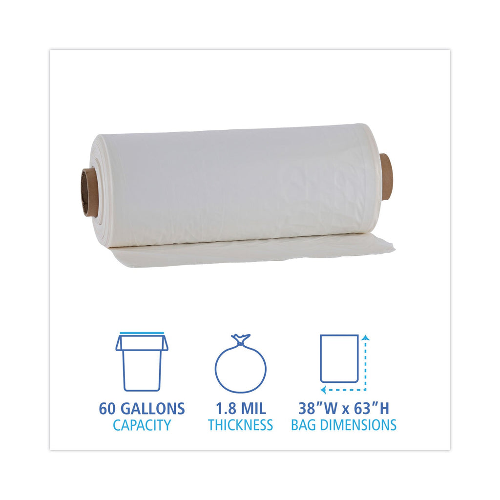 Boardwalk Industrial Drum Liners Rolls, 60 gal, 1.8 mil, 38 x 63, Clear, 1 Roll of 75 Bags