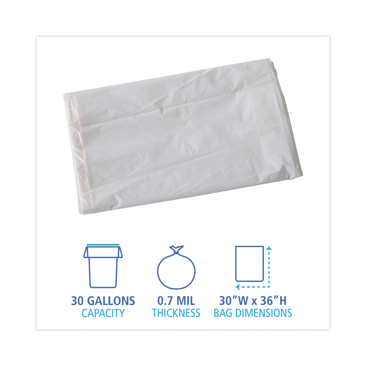Boardwalk Linear Low Density Industrial Can Liners, 30 gal, 0.7 mil, 30 x 36, White, 200/Carton