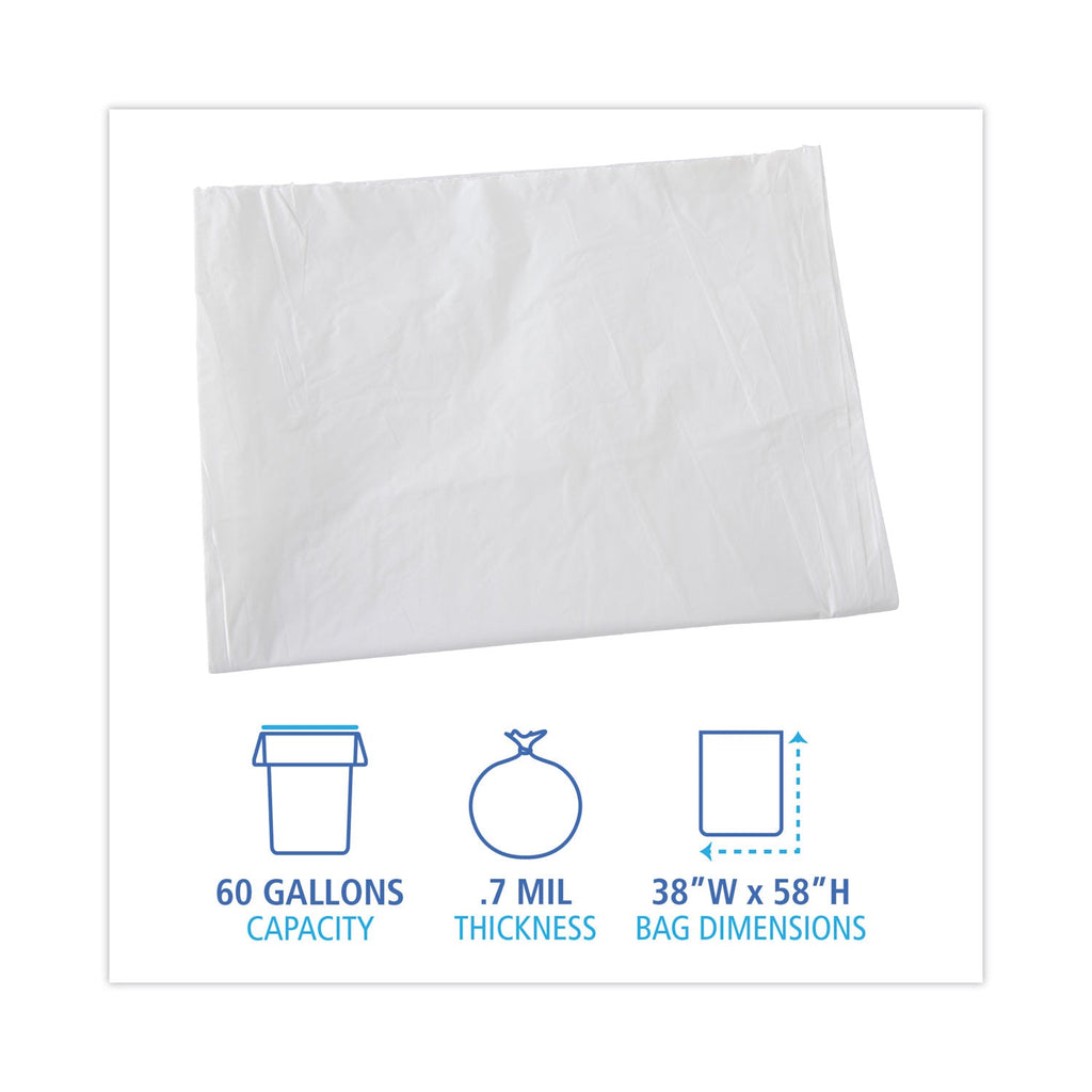Boardwalk Linear Low Density Industrial Can Liners, 60 gal, 0.7 mil, 38 x 58, White, 100/Carton