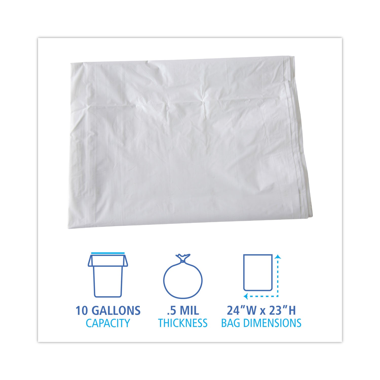 Boardwalk Linear Low Density Industrial Can Liners, 10 gal, 0.5 mil, 24 x 23, White, 500/Carton
