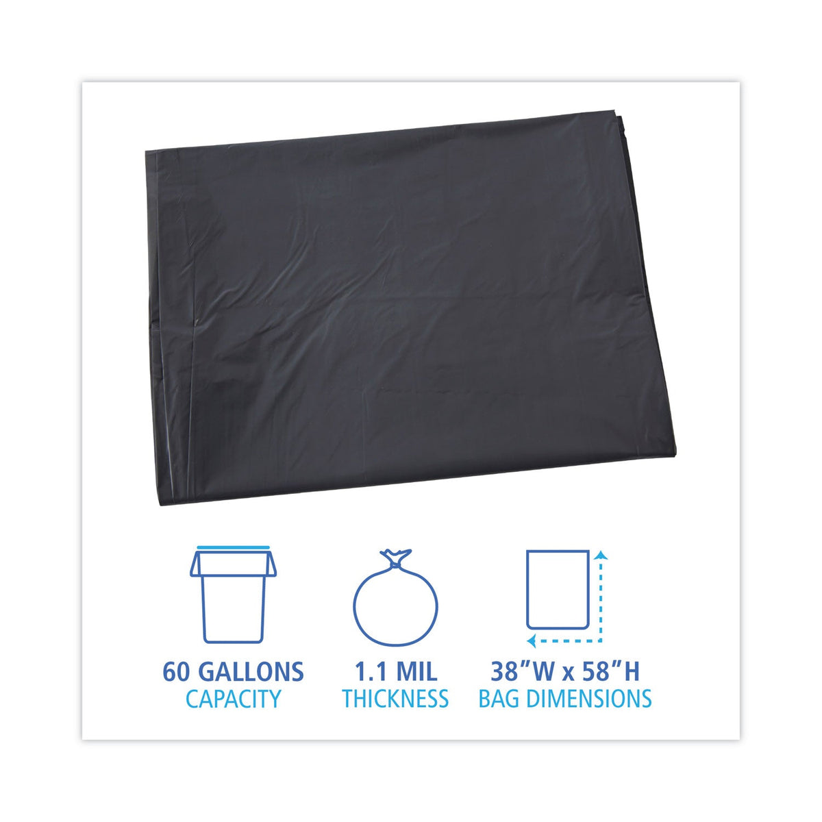 Boardwalk Linear Low Density Industrial Can Liners, 60 gal, 1.1 mil, 38 x 58, Gray, 100/Carton