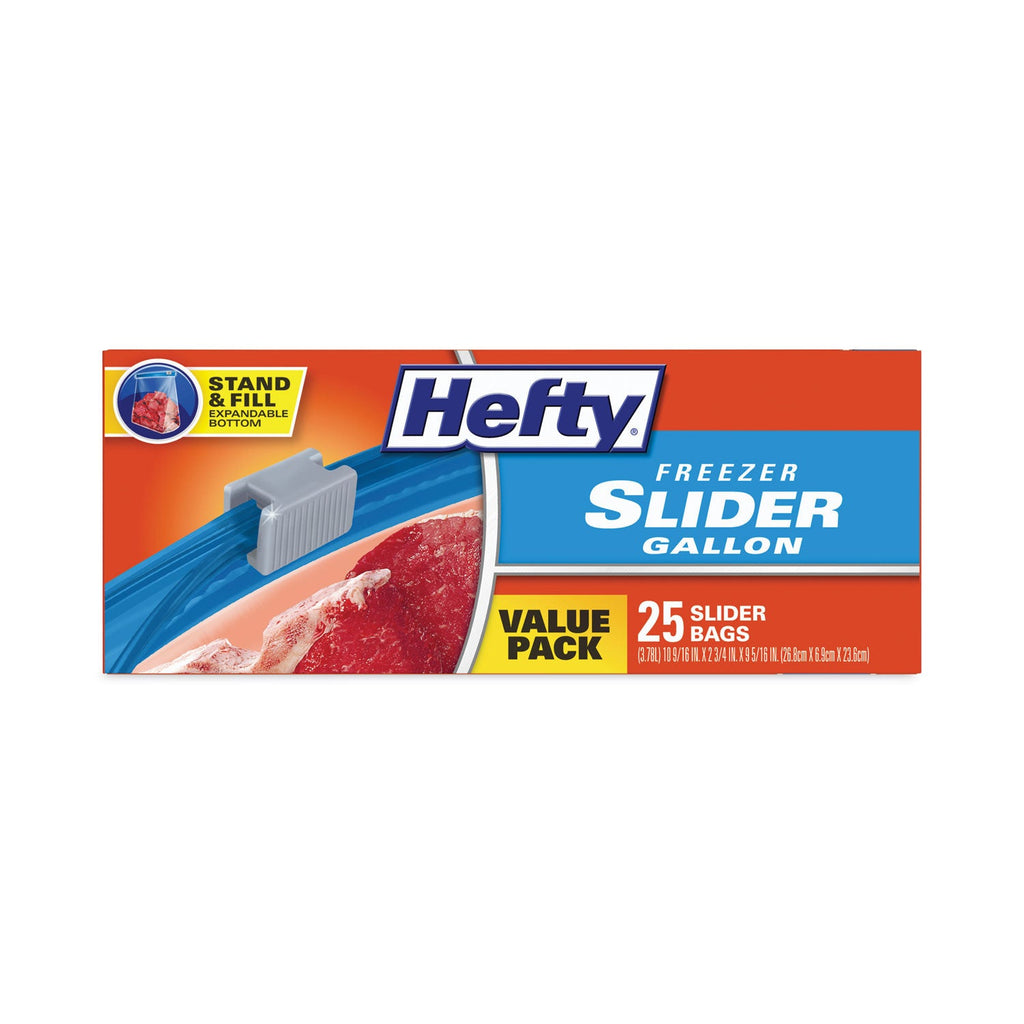 Hefty Slider Bags, 1 gal, 2.5 mil, 10.56" x 11", Clear, 25/Box