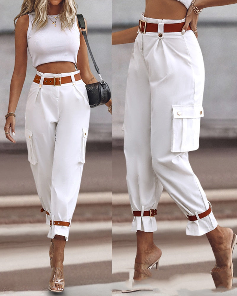 Women's Wide Leg Contrast Belt Trousers – Elevated Workwear Pants