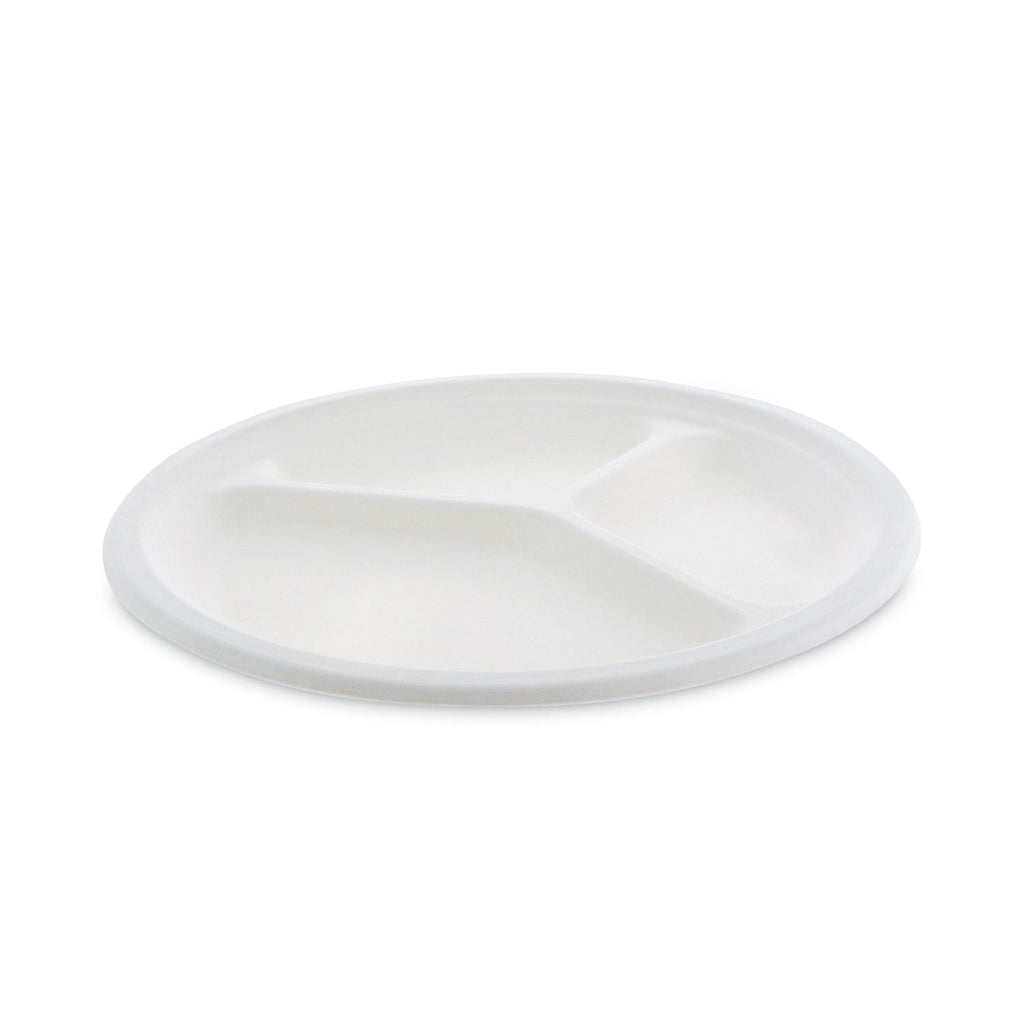 Pactiv Evergreen EarthChoice Compostable Fiber-Blend Bagasse Dinnerware, 3-Compartment Plate, 10" dia, Natural, 500/Carton