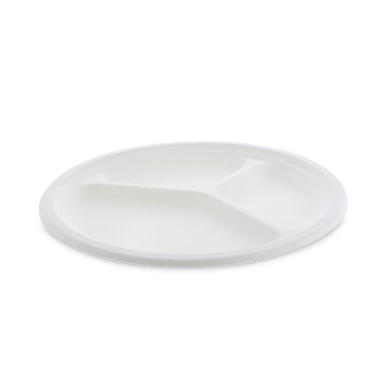 Pactiv Evergreen EarthChoice Compostable Fiber-Blend Bagasse Dinnerware, 3-Compartment Plate, 10" dia, Natural, 500/Carton