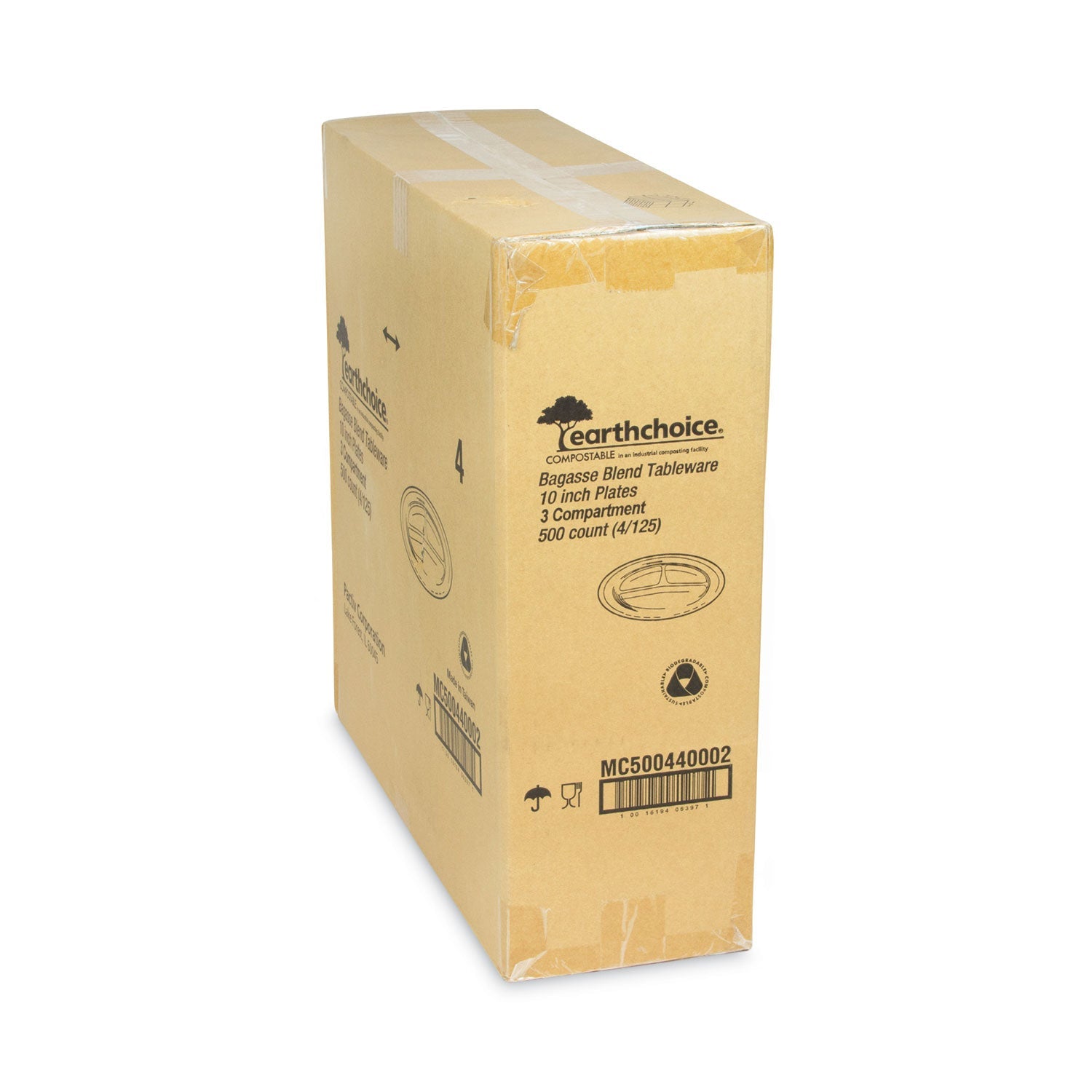 Pactiv Evergreen EarthChoice Compostable Fiber-Blend Bagasse Dinnerware, 3-Compartment Plate, 10" dia, Natural, 500/Carton