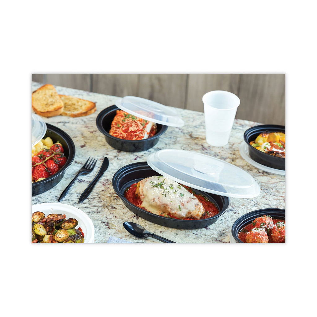 Pactiv Evergreen Newspring VERSAtainer Microwavable Containers, 16 oz, 6" Diameter, Black/Clear, Plastic, 150/Carton