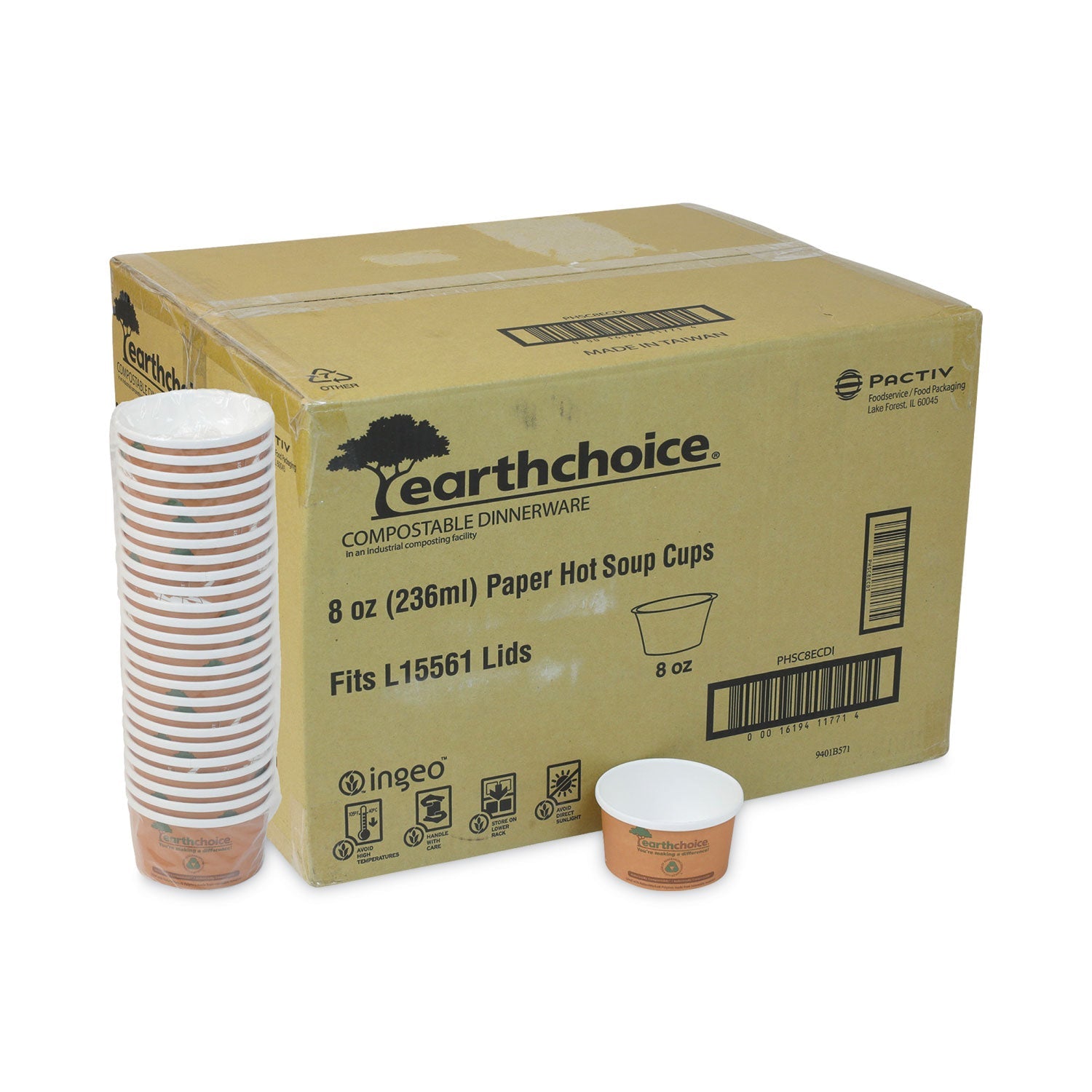 Pactiv Evergreen EarthChoice Compostable Soup Cup, Small, 8 oz, 3 x 3 x 3, Brown, Paper, 500/Carton