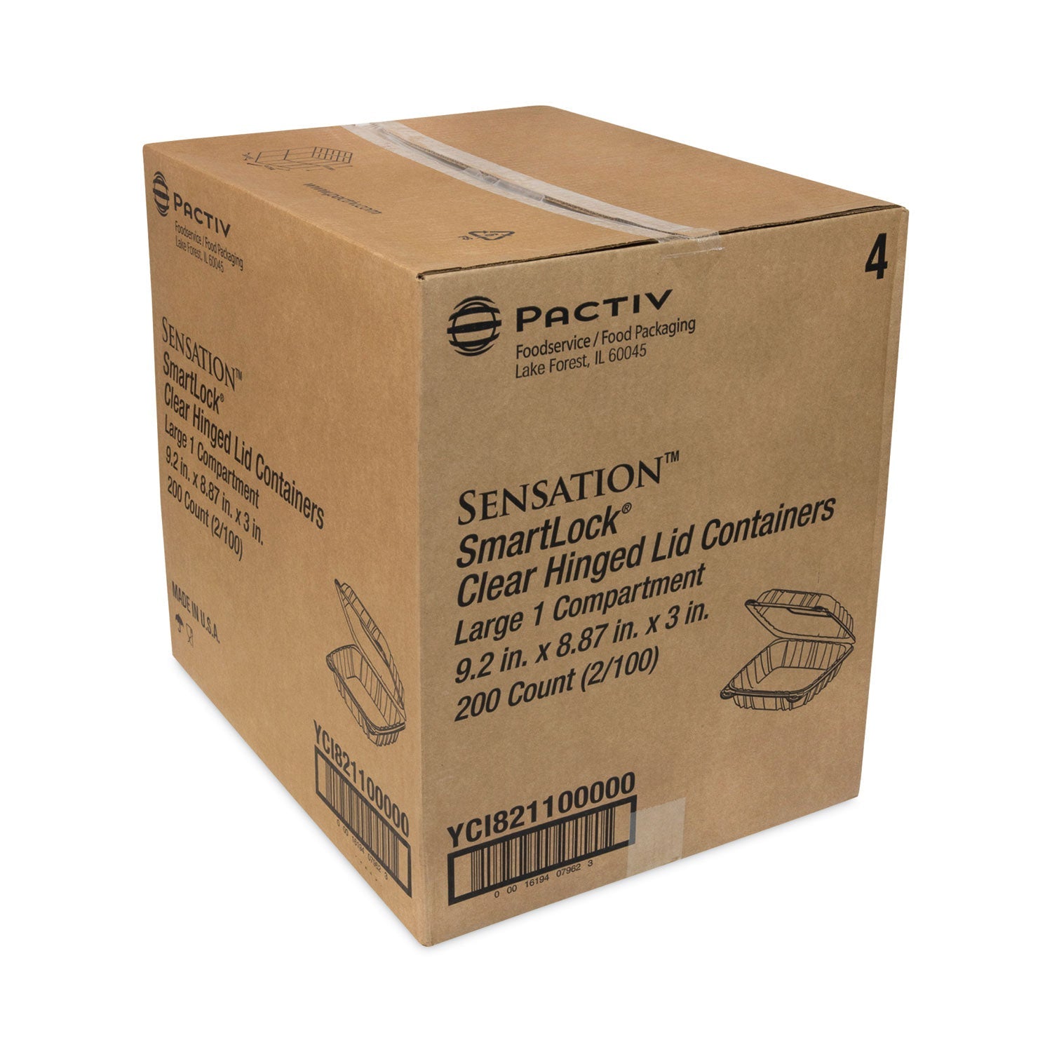 Pactiv Evergreen SENSATION SmartLock Hinged Lid Container, 9.21 x 8.87 x 3.07, Clear, Plastic, 200/Carton