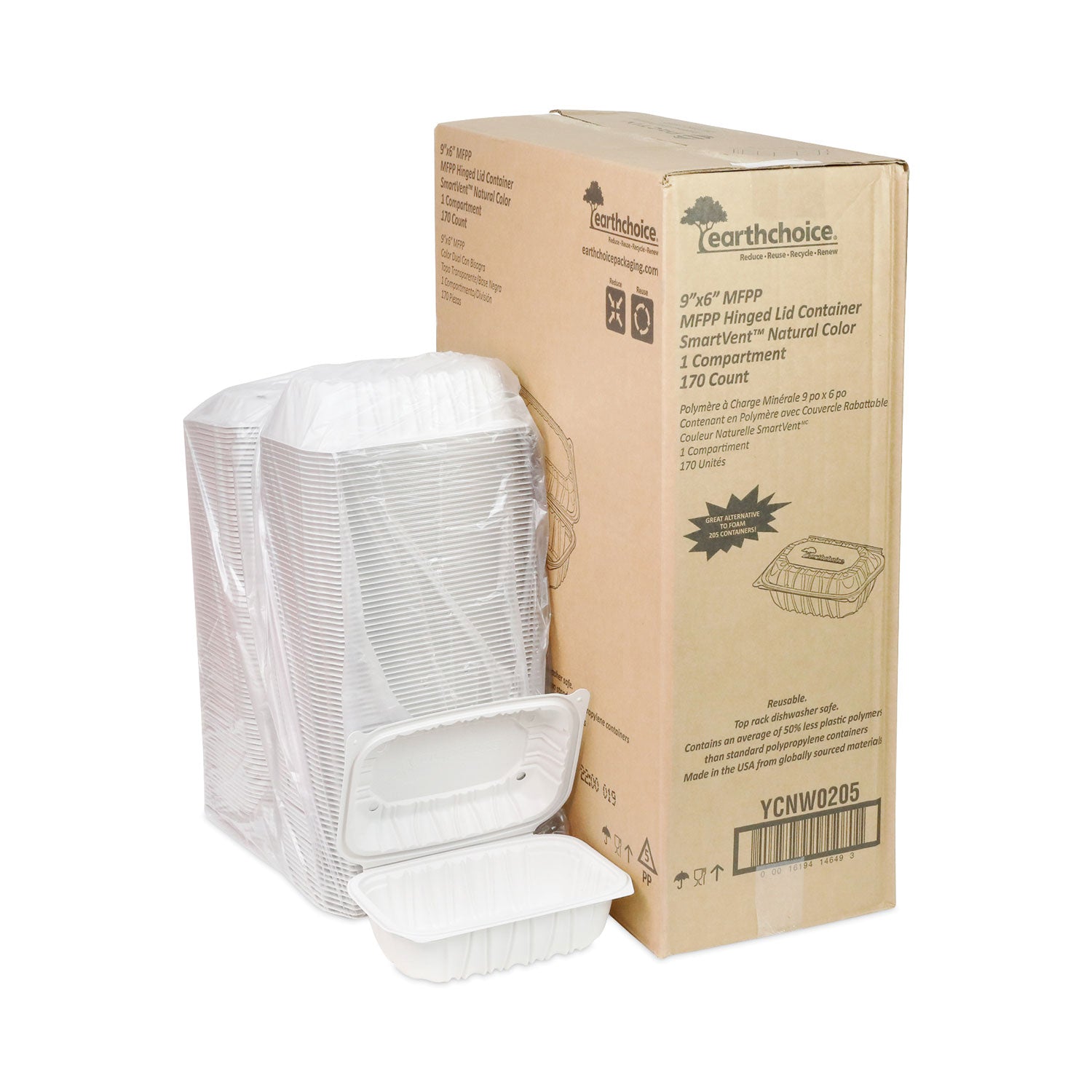 Pactiv Evergreen EarthChoice Vented Microwavable MFPP Hinged Lid Container, 9 x 6 x 3.1, White, Plastic, 170/Carton