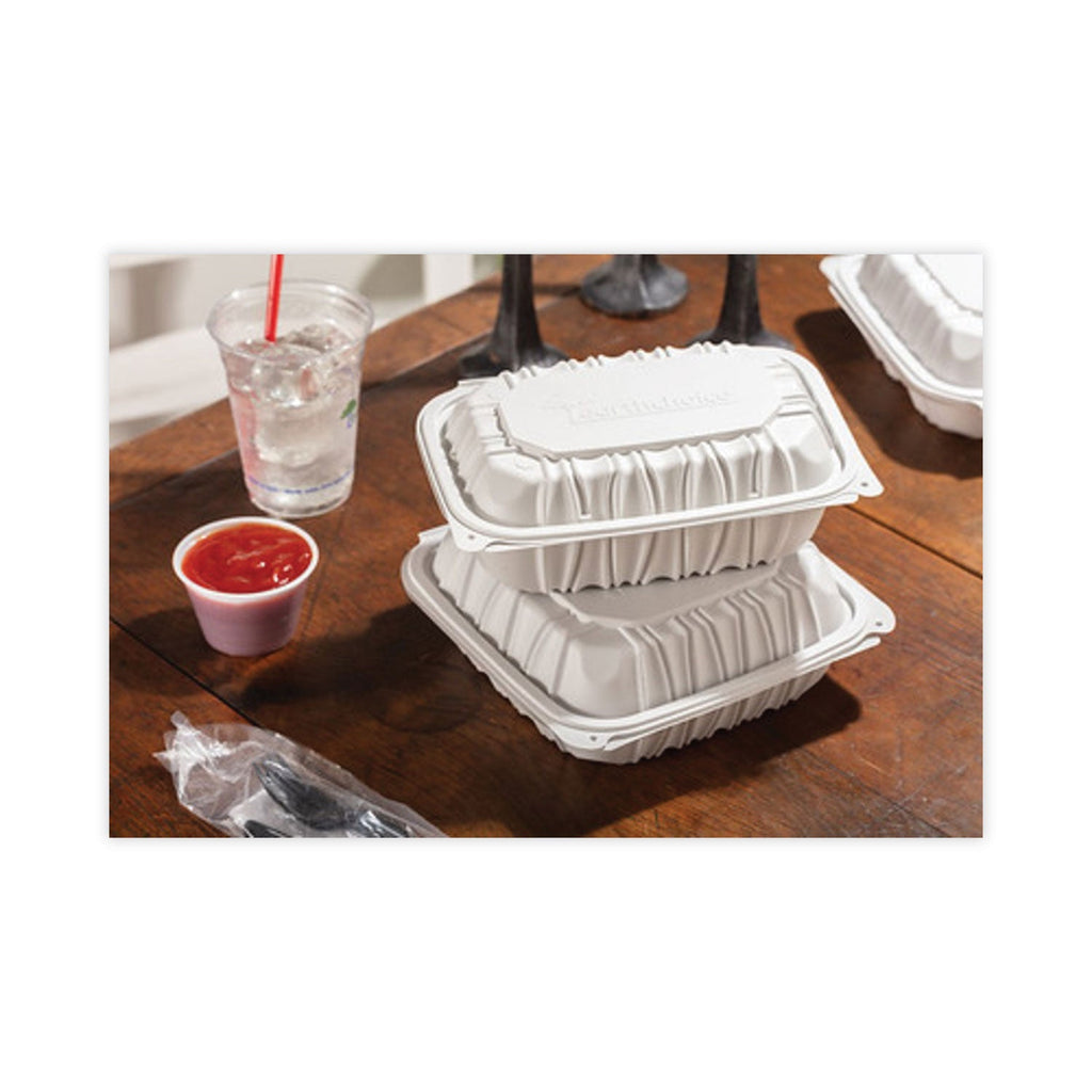 Pactiv Evergreen EarthChoice Vented Microwavable MFPP Hinged Lid Container, 9 x 6 x 3.1, White, Plastic, 170/Carton