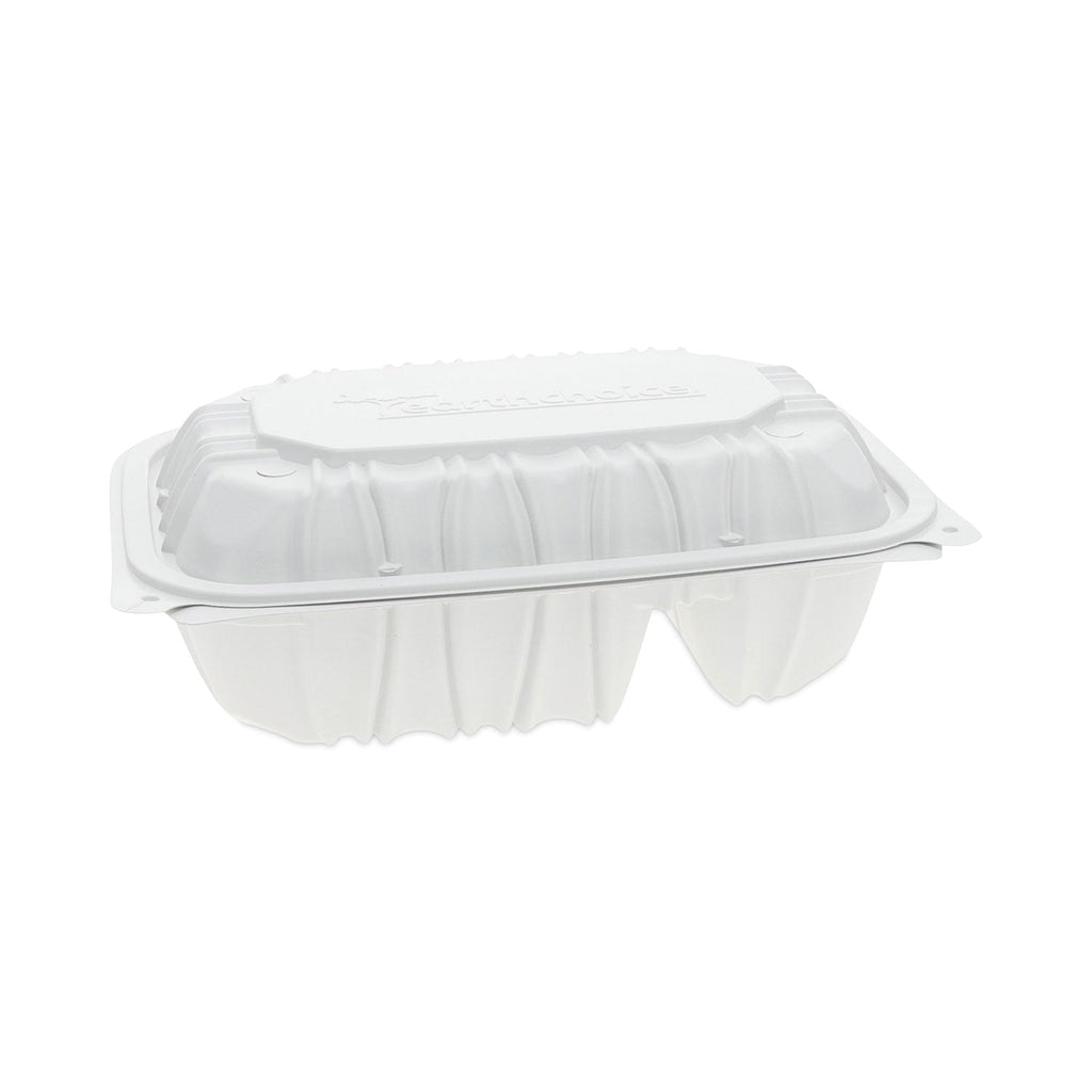 Pactiv Evergreen EarthChoice Vented Microwavable MFPP Hinged Lid Container, 2-Compartment, 9 x 6 x 3.1, White, Plastic, 170/Carton