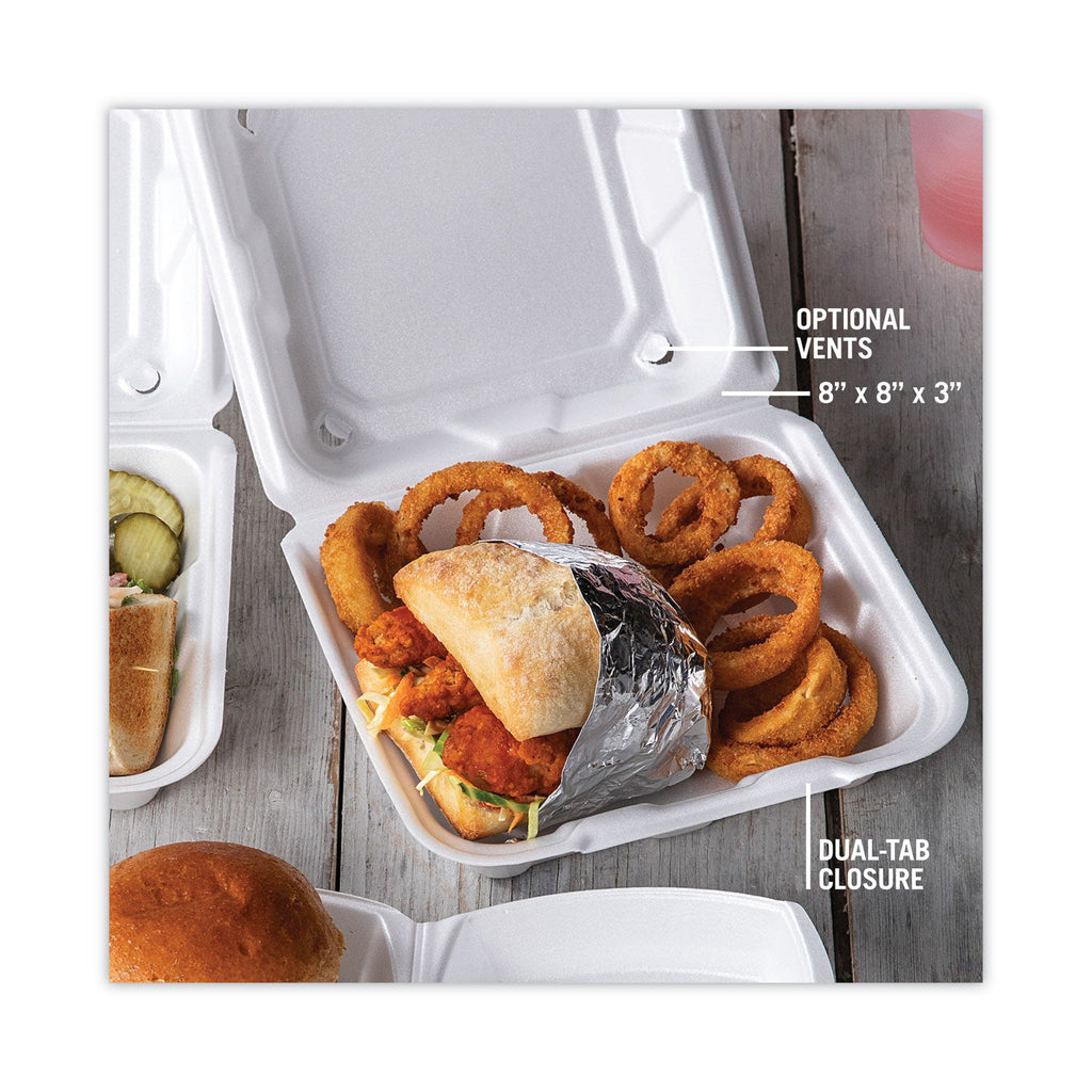 Pactiv Evergreen Vented Foam Hinged Lid Container, Dual Tab Lock, 8.42 x 8.15 x 3, White, 150/Carton