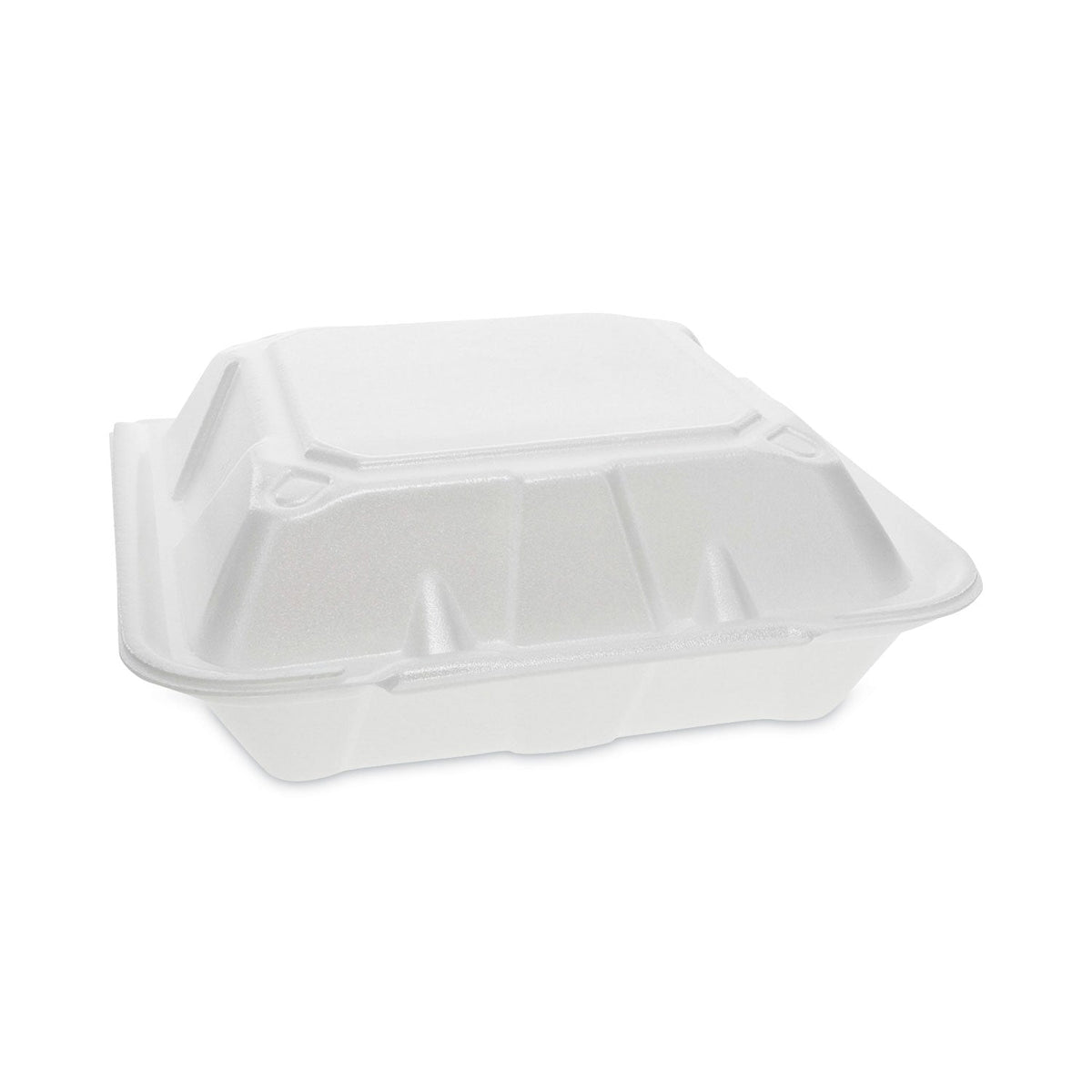 Pactiv Evergreen Vented Foam Hinged Lid Container, Dual Tab Lock, 3-Compartment, 9.13 x 9 x 3.25, White, 150/Carton
