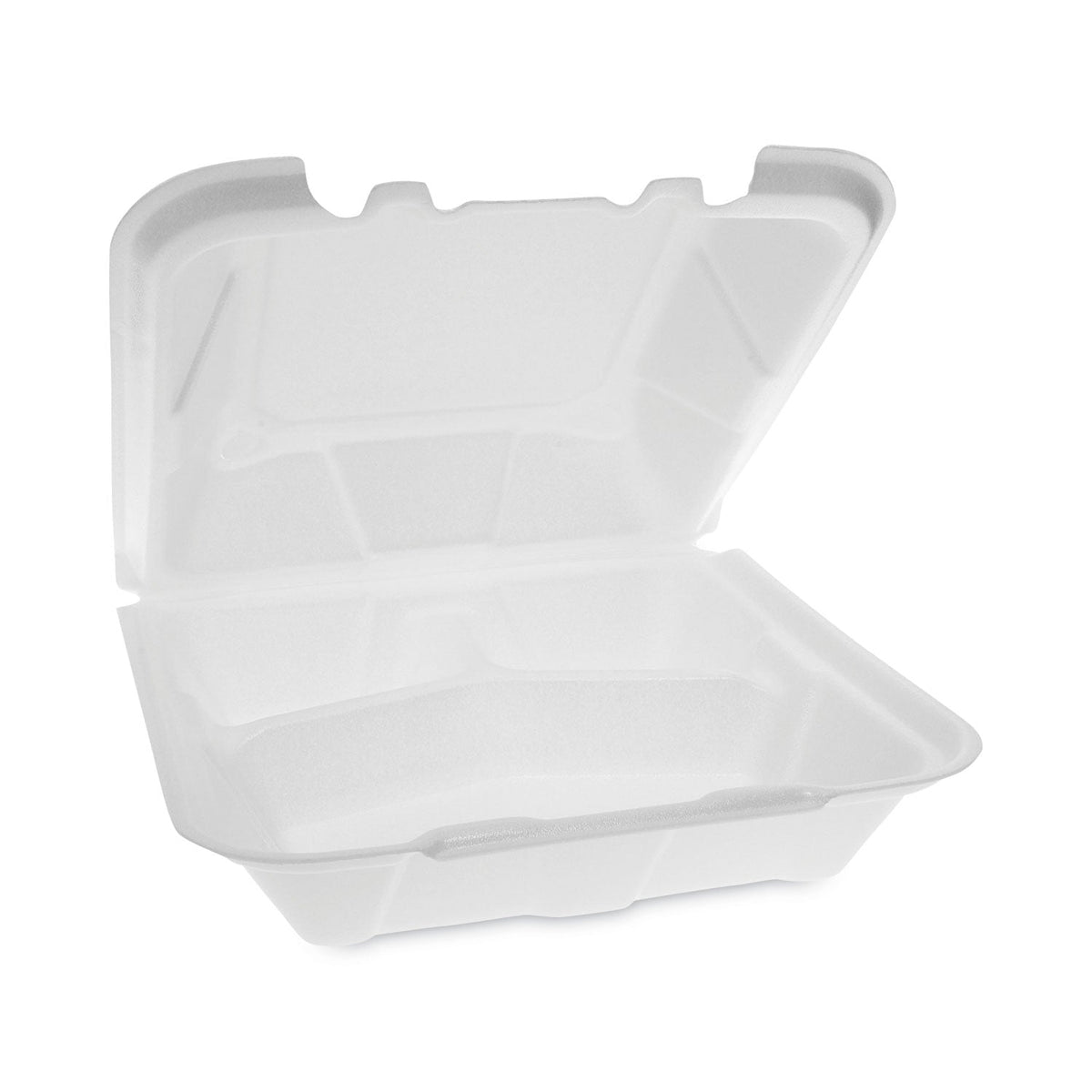 Pactiv Evergreen Vented Foam Hinged Lid Container, Dual Tab Lock, 3-Compartment, 9.13 x 9 x 3.25, White, 150/Carton