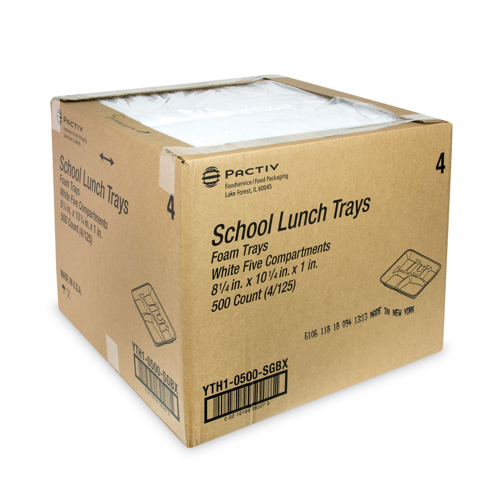 Pactiv Evergreen Foam School Trays, 5-Compartment, 8.25 x 10.5 x 1,  White, 500/Carton
