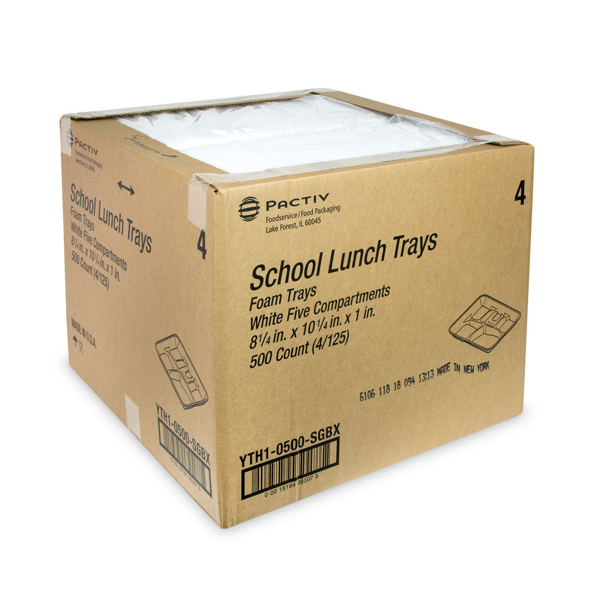 Pactiv Evergreen Foam School Trays, 5-Compartment, 8.25 x 10.5 x 1,  White, 500/Carton