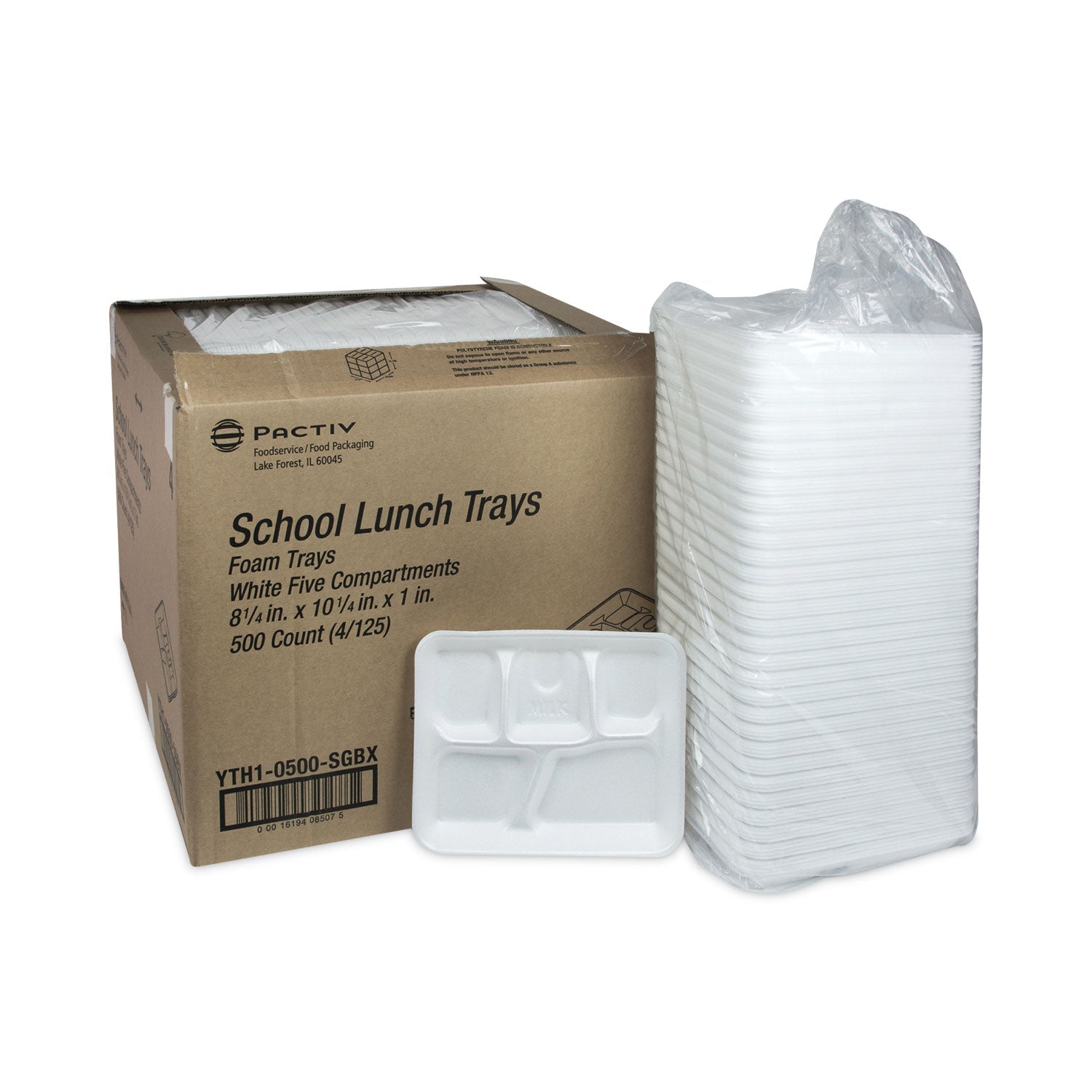 Pactiv Evergreen Foam School Trays, 5-Compartment, 8.25 x 10.5 x 1,  White, 500/Carton