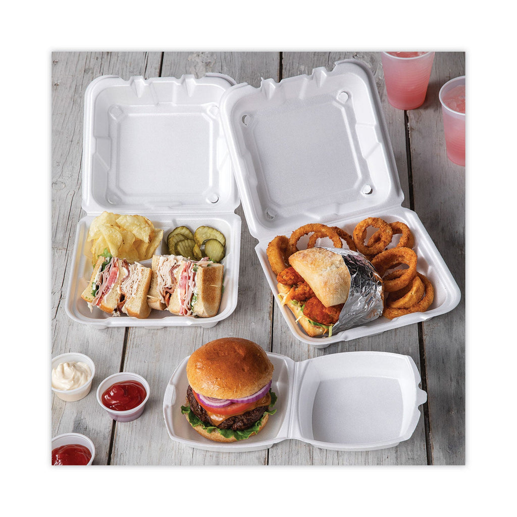 Pactiv Evergreen Foam Hinged Lid Container, Single Tab Lock, 6.38 x 6.38 x 3, White, 500/Carton