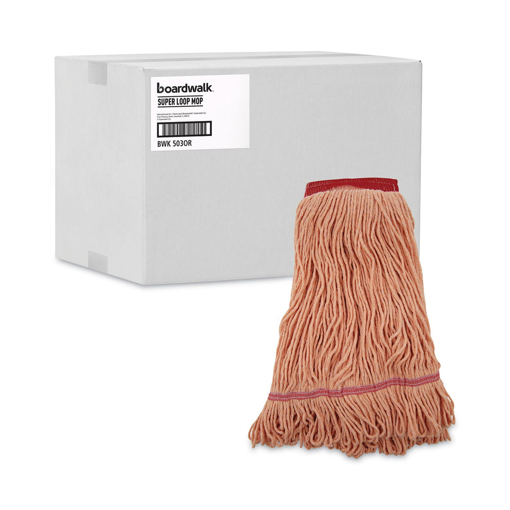 Boardwalk Super Loop Wet Mop Head, Cotton/Synthetic Fiber, 5" Headband, Large Size, Orange, 12/Carton