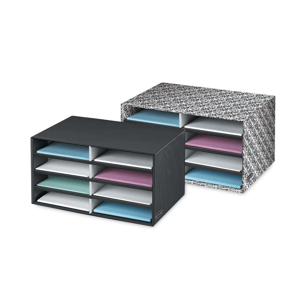 Bankers Box Decorative Sorter, 8 Letter Compartments, 19.5 x 12.38 x 10.25, Black/White Brocade