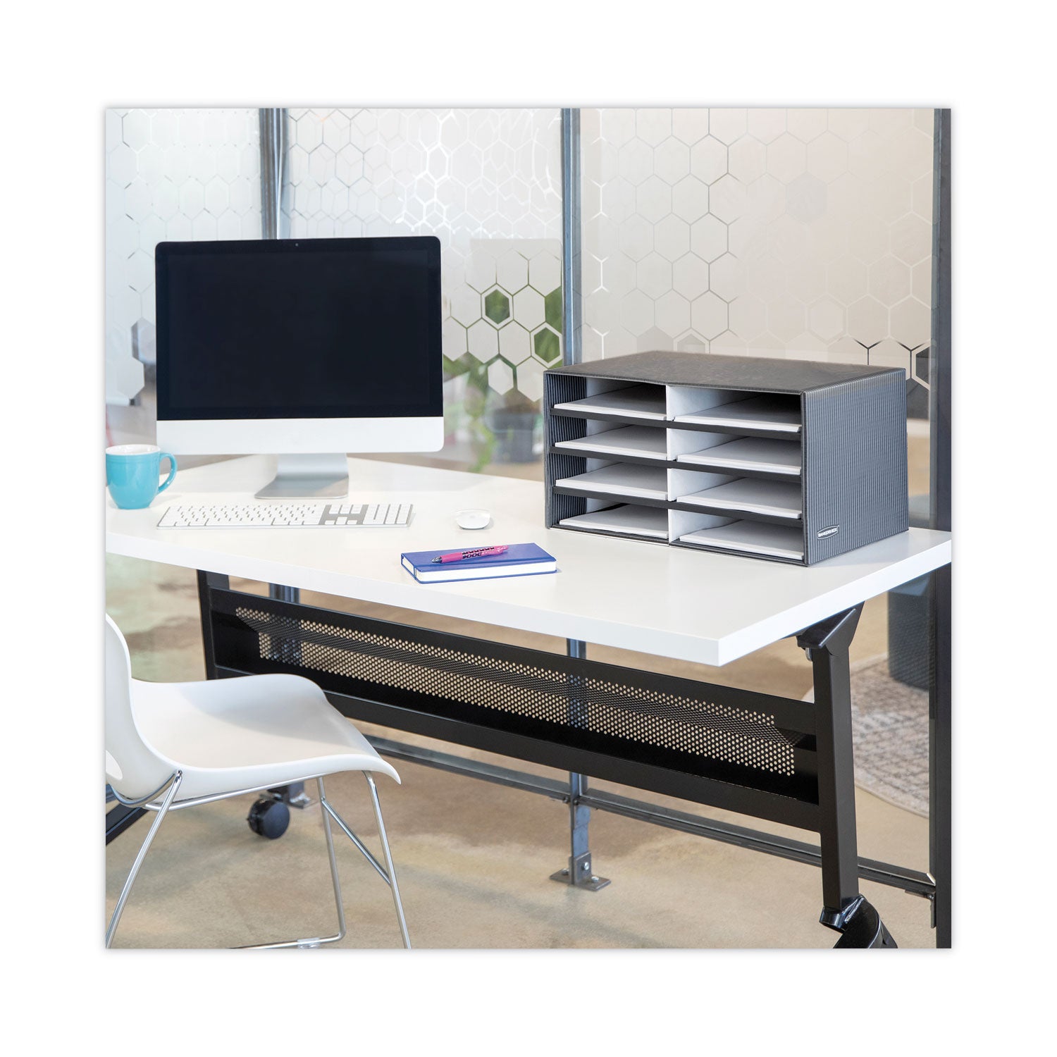 Bankers Box Decorative Sorter, 8 Letter Compartments, 19.5 x 12.38 x 10.25, Black/White Brocade