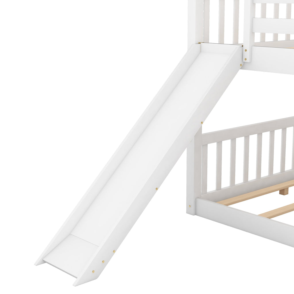 Full over Full Bunk Bed with Convertible Slide and Ladder  White