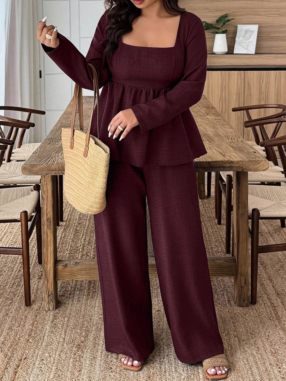 Square Neck Long Sleeve Top and Pants Two-Piece Set