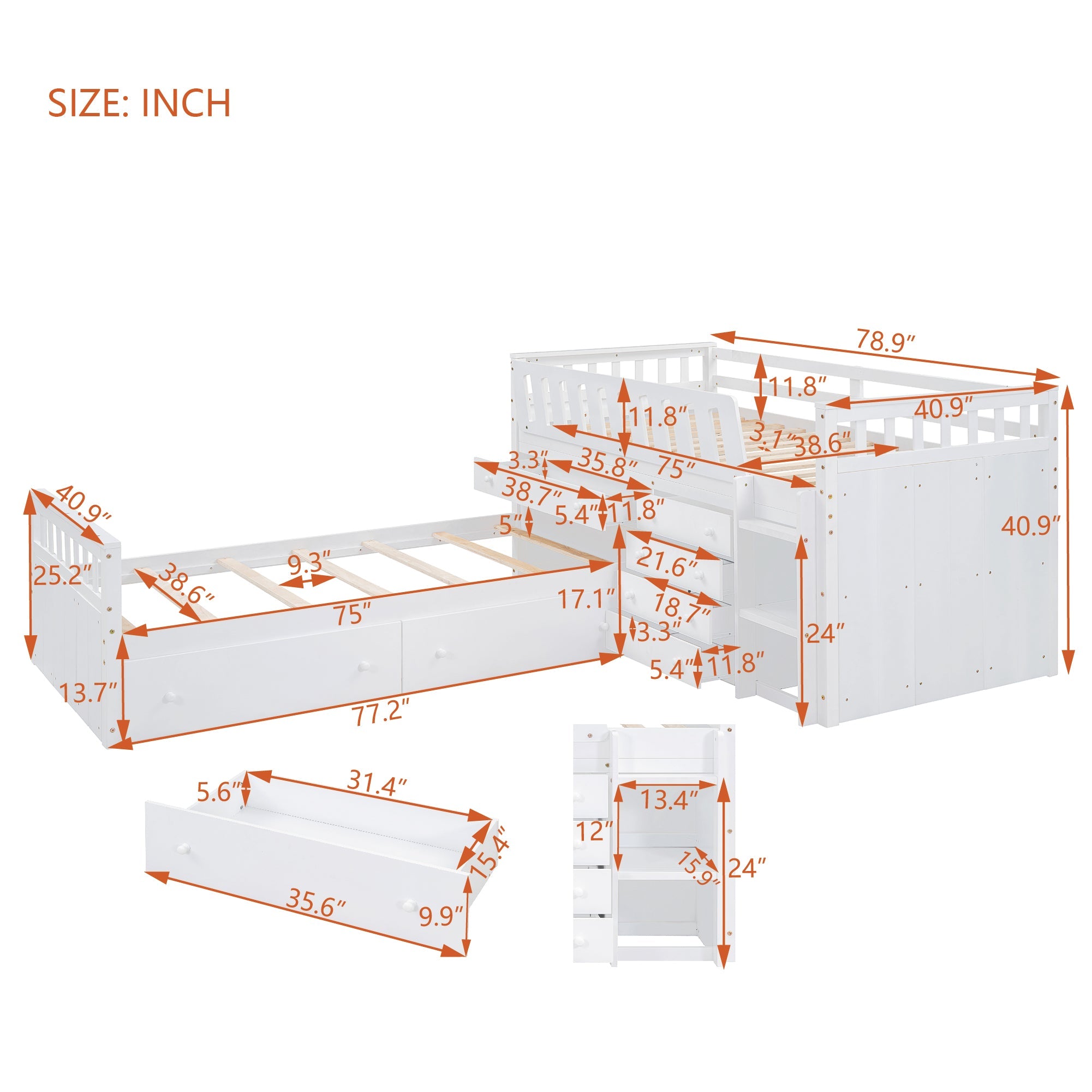 L-shaped Space-Saving Twin Loft and Twin Platform Bed with 7 Drawers and Full Guardrails(WHITE)