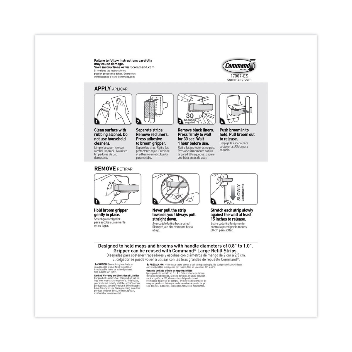 Command Broom Gripper, 3.12w x 1.85d x 3.34h, White/Gray, 6 Grippers/16 Strips/Pack