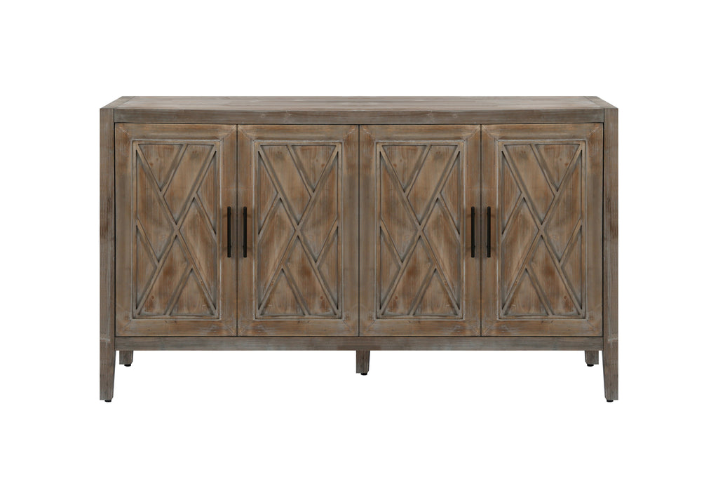 4 Door Wooden Twill Sideboard American Country Vintage Old Living Room Dining Room Hallway Entryway Cabinet (Brown)