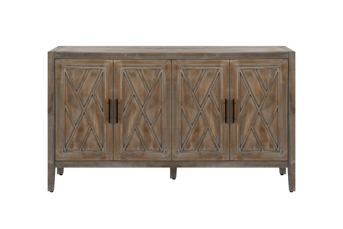 4 Door Wooden Twill Sideboard American Country Vintage Old Living Room Dining Room Hallway Entryway Cabinet (Brown)