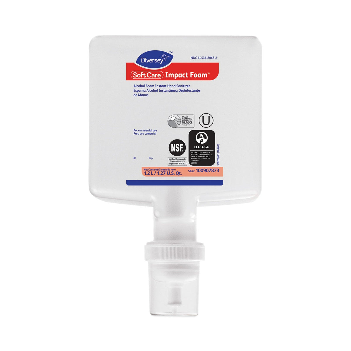Diversey Soft Care Impact Foam Hand Sanitizer for IntelliCare Dispensers, 1,200 mL Cartridge, Alcohol Scent, 6/Carton