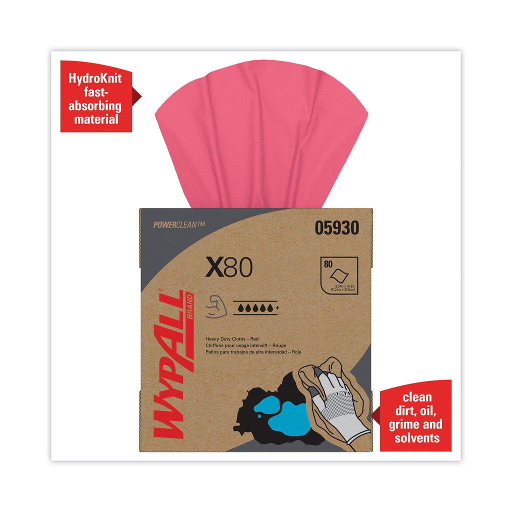 WypAll X80 Cloths, HYDROKNIT, POP-UP Box, 8.34 x 16.8, Red, 80/Box, 5 Box/Carton