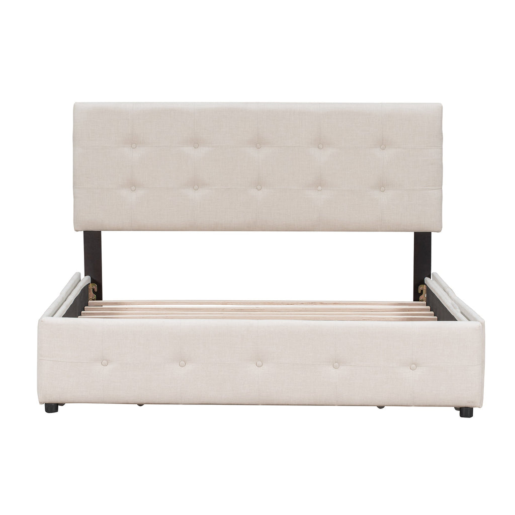 Upholstered Platform Bed with Classic Headboard and 4 Drawers No Box Spring Needed Linen Fabric Queen Size Beige