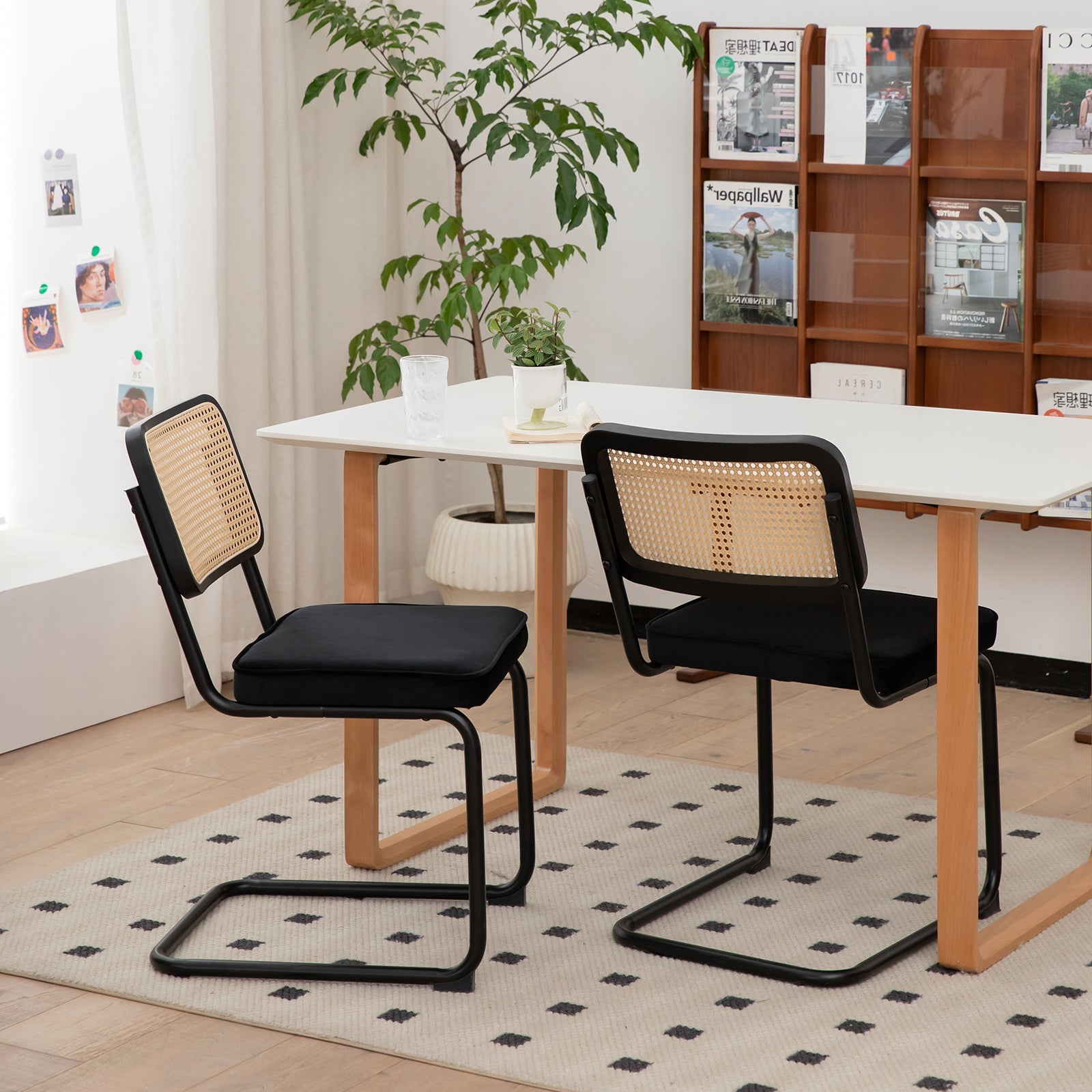 Dining Chairs Set of 2 velvet wicker side decorative chairs, black painted legs, modern medieval Bruell designed chairs,