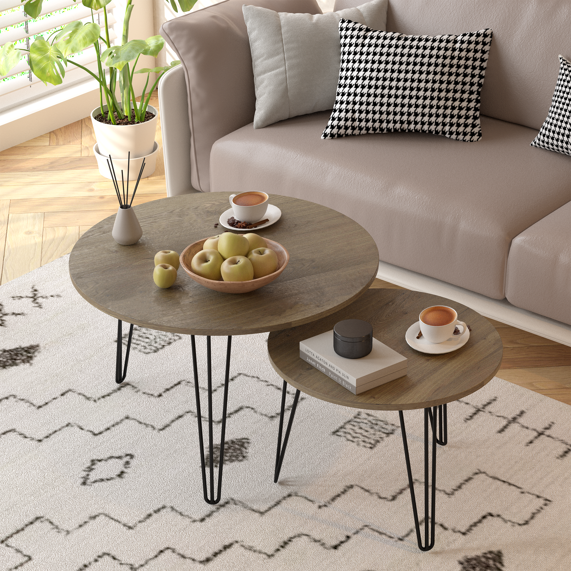 27.56'' Round Nesting Coffee Table Set of 2, Circular Nesting End Table Set  Sturdy Metal Base for Living Room, bedroom, Brown