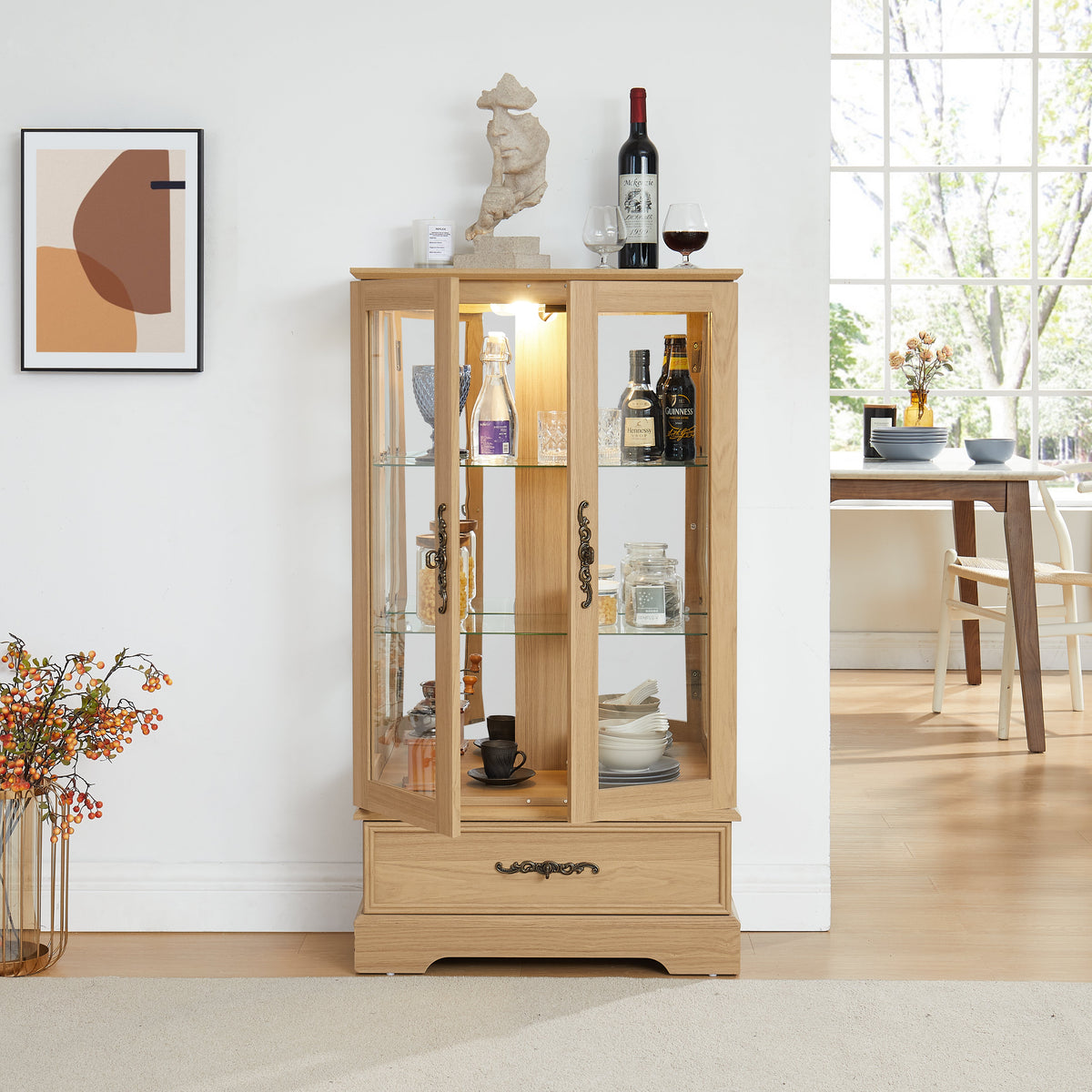 Light colored glass cabinet with adjustable glass frame, including cabinet light bulbs OAK with 2 doors and 1 drawer