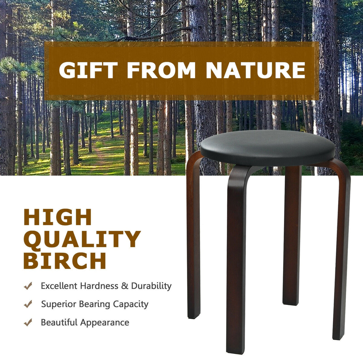 Set of 4 Bentwood Round Stool Stackable Dining Chairs with Padded Seat