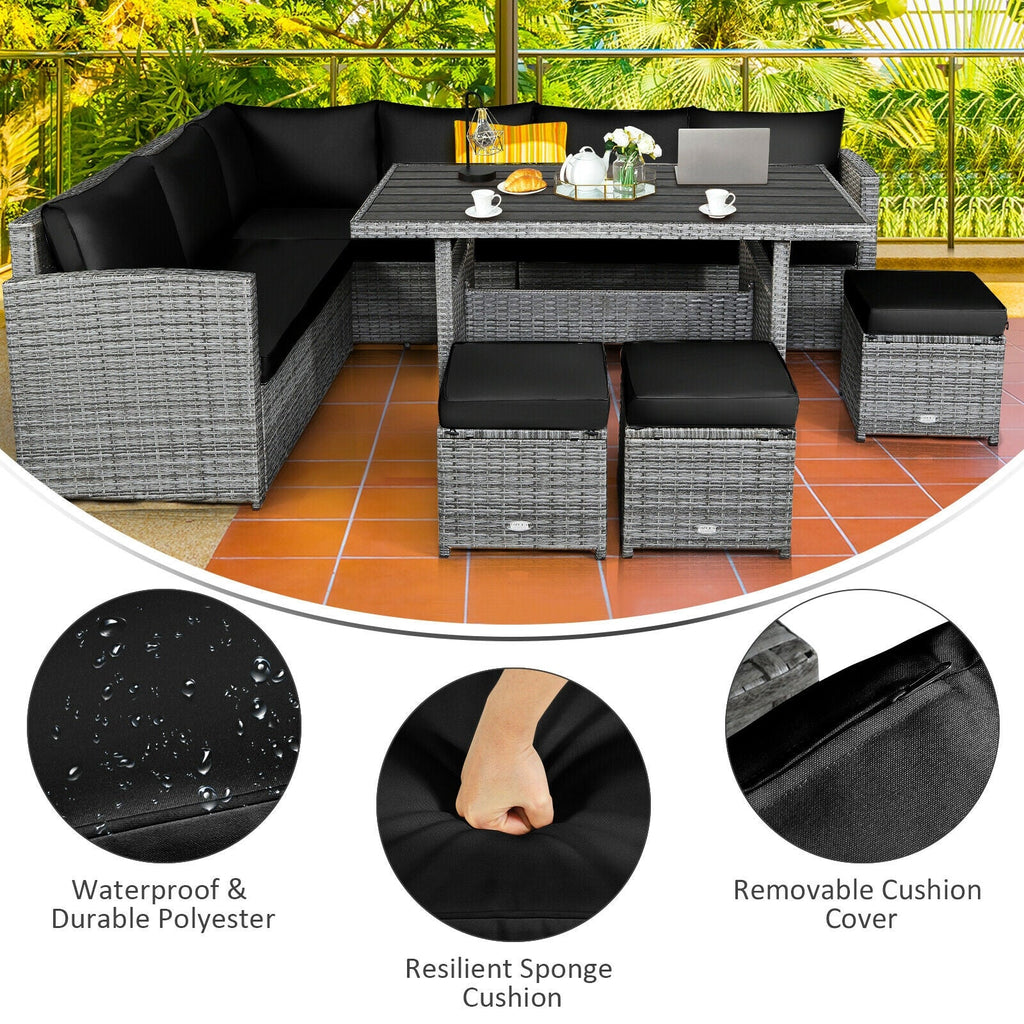 7 Pieces Patio Rattan Dining Furniture Sectional Sofa Set with Wicker Ottoman