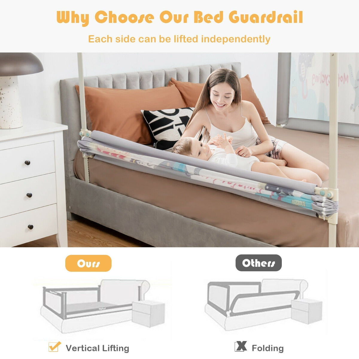 69 Inch Toddlers Vertical Lifting Baby Bedrail Guard with Lock